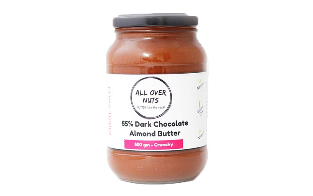 All Over Nuts 55% Dark Chocolate Almond Butter Crunchy   Glass Jar  500 grams